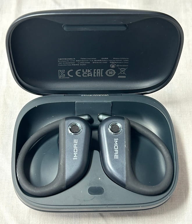 1More Fit S50 Open Earbuds in charging case