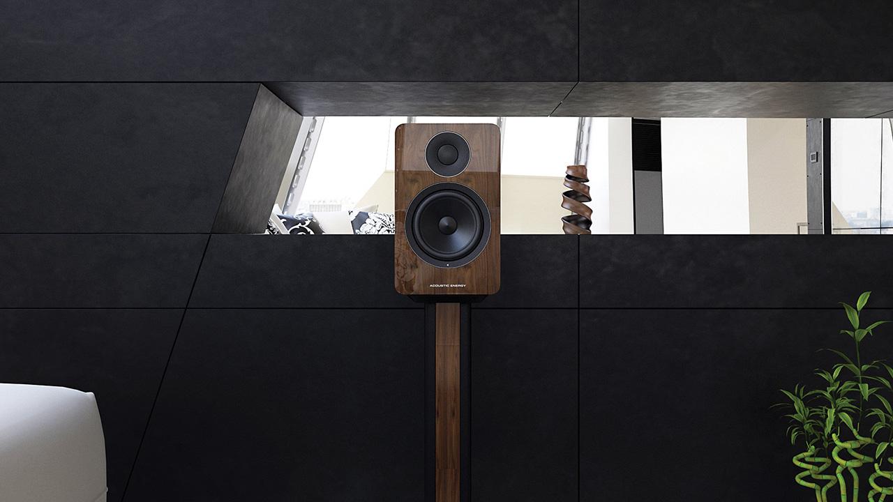 Acoustic Energy AE1 Active Speaker on stand in walnut