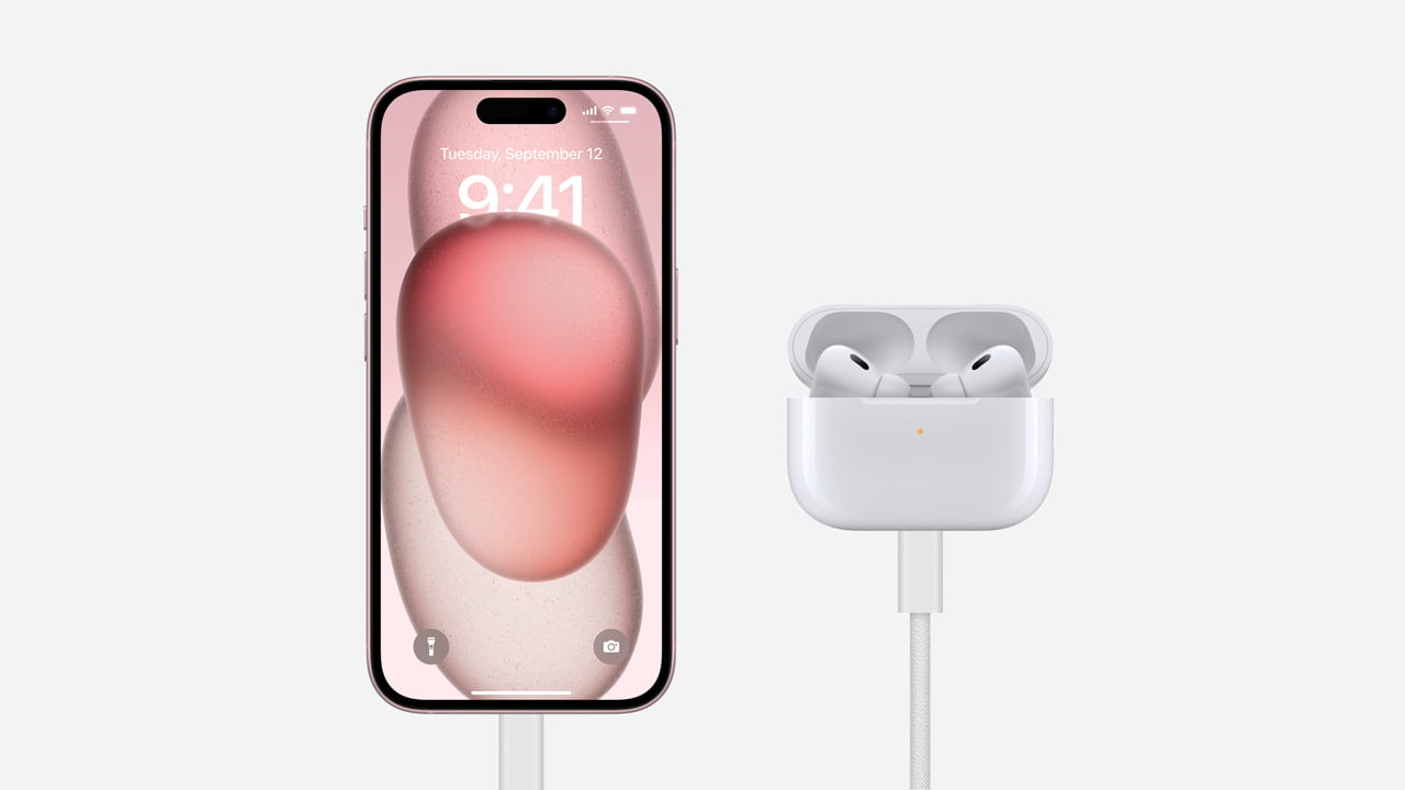 Apple AirPods Pro 2nd Generation with MagSafe and USB-C Charging connected to iPhone 15
