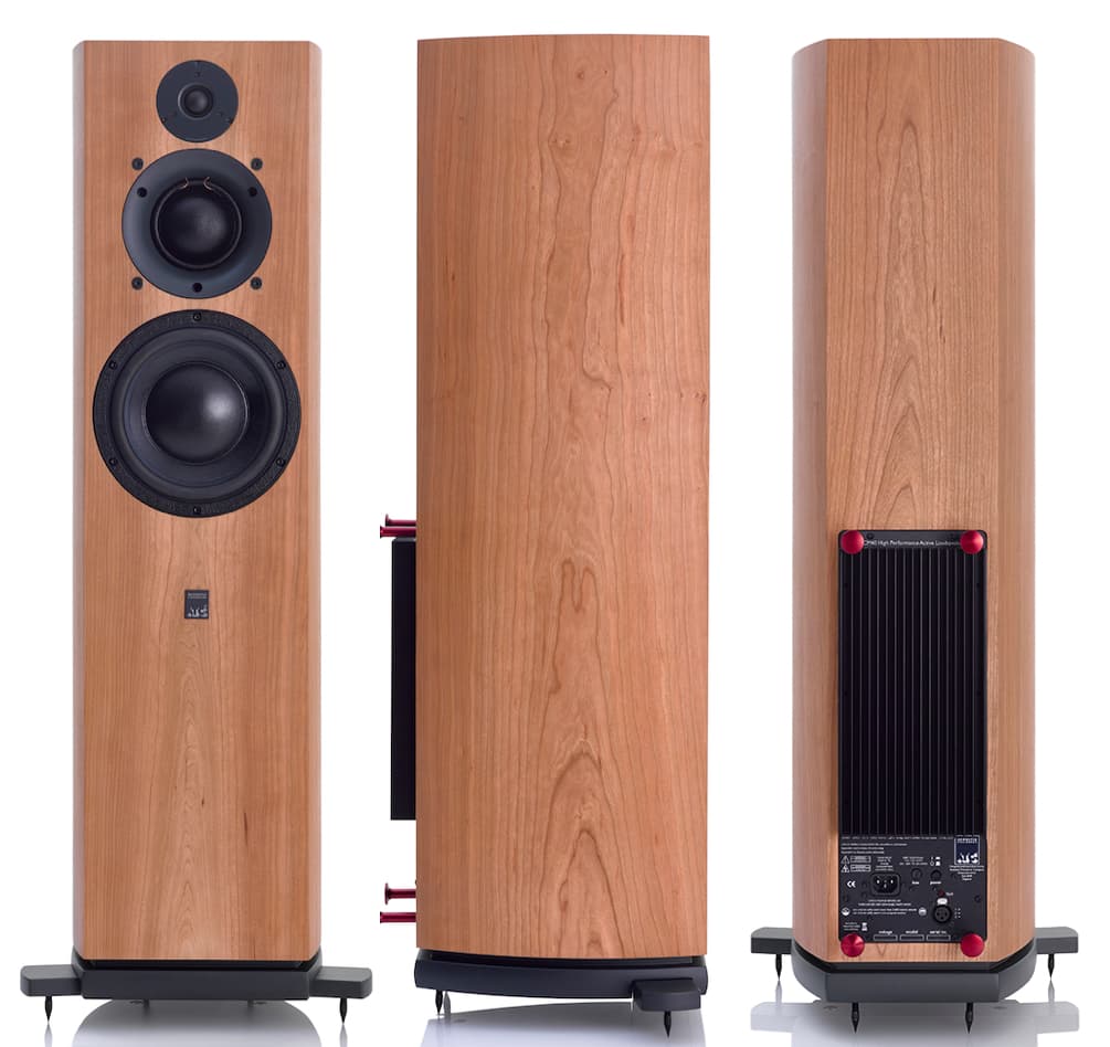 ATC SCM40A Active Floorstanding Loudspeaker Front, Back and Side Views in Cherry Finish