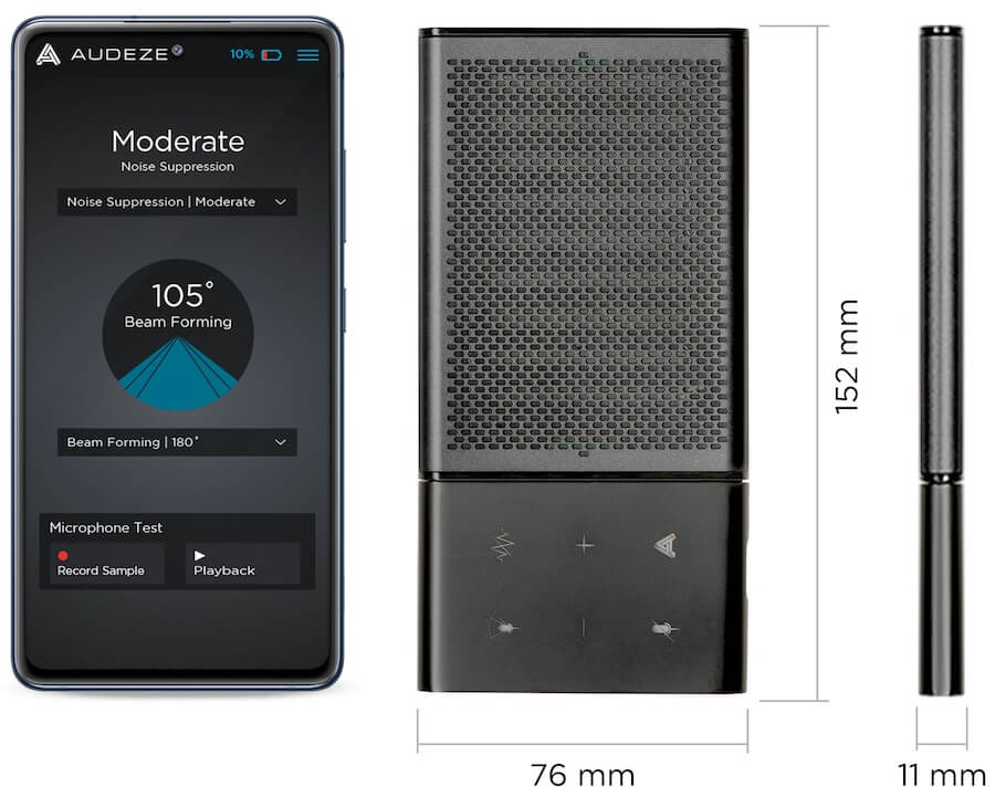 Audeze Filter Speakerphone with Smartphone App also shows size and dimensions