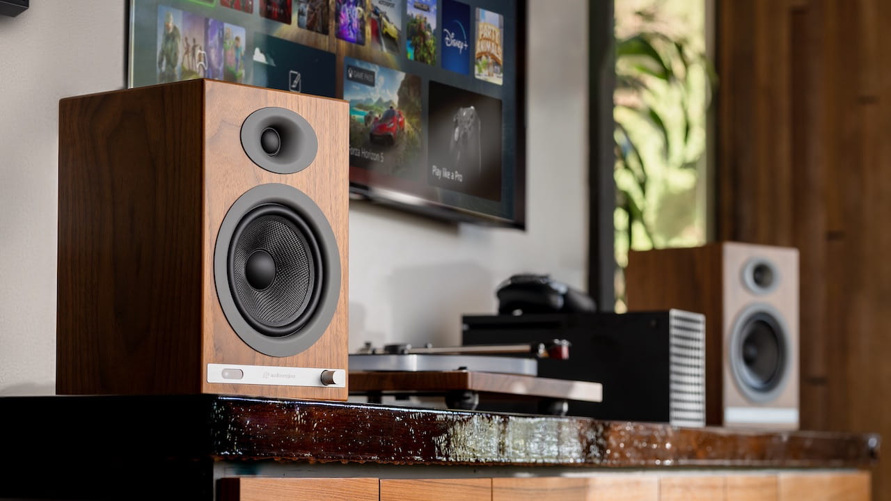 Audioengine HD5 Wireless Speakers in Walnut without grilles Lifestyle