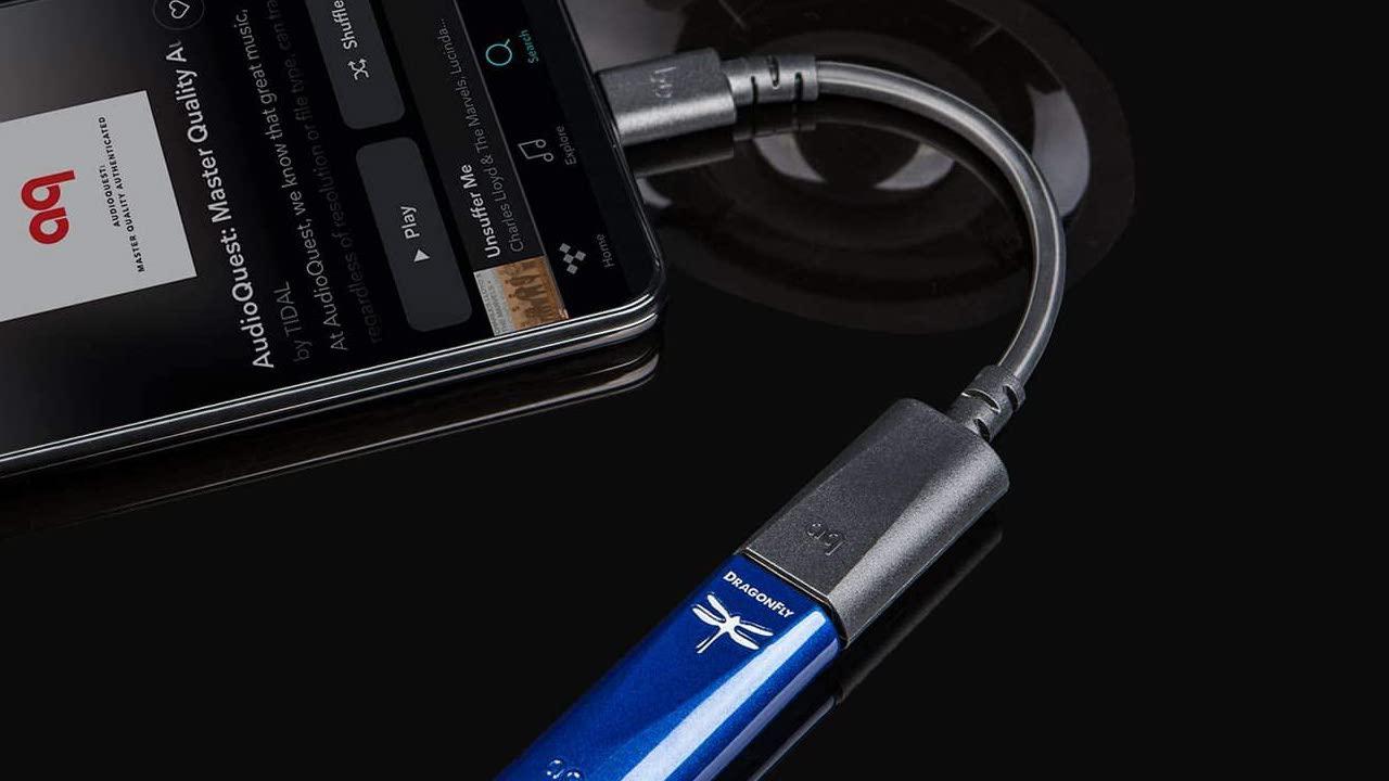 Audioquest Dragonfly Cobalt DAC Dongle connected to smartphone