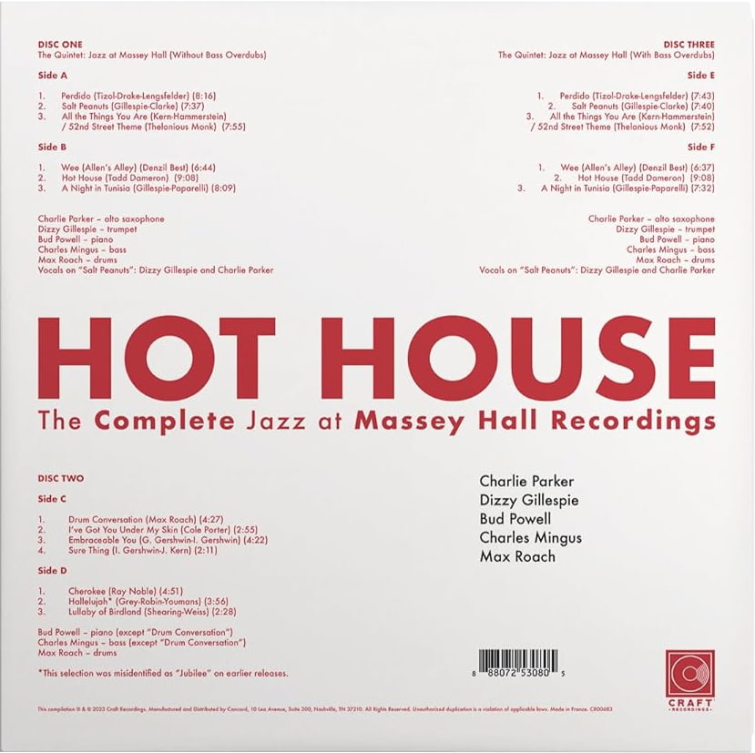Back album cover of Hot House: The Complete Jazz at Massey Hall Recordings