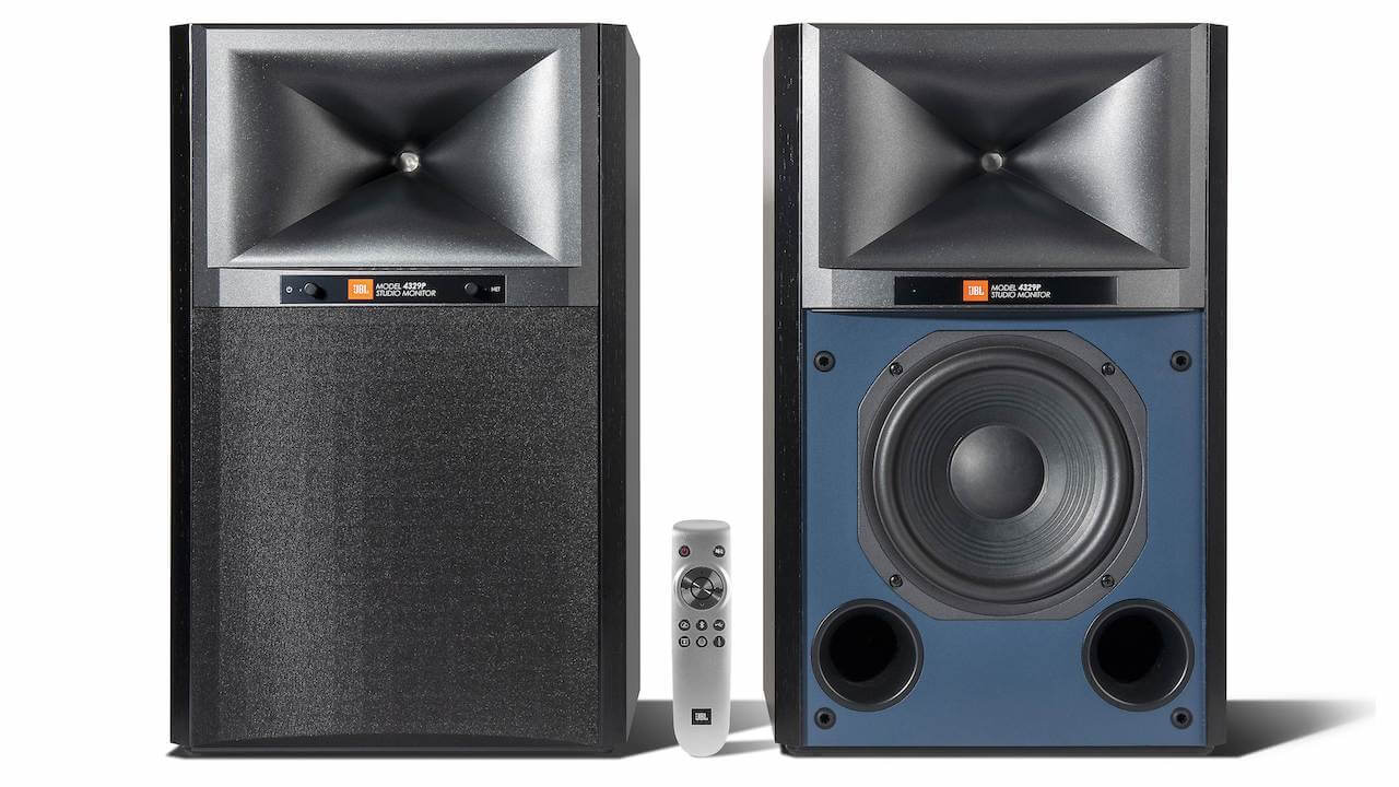 JBL 4329P Studio Monitor in Black with remote and grille on and off