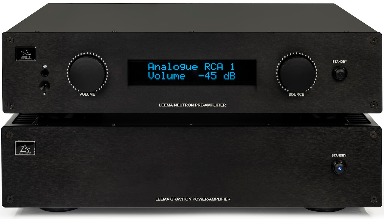 Leema Acousitcs Graviton Power Amplifier and Neutron Pre-Amplifier in Black Stacked Front View