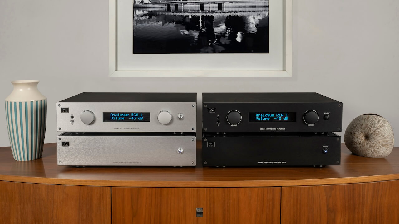 Leema Acousitcs Graviton Power Amplifier and Neutron Pre-Amplifier in Silver and Black Stacked Lifestyle
