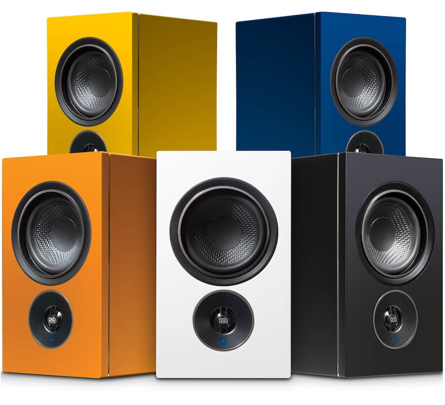 PSB Speakers Alpha IQ in all colors: Tangerine Yellow, Midnight Blue, Dutch Orange, White and Black