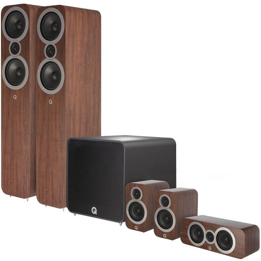 Q Acoustics 3050i, 3010i 3090ci Loudspeakers in oak and QB12 Subwoofer