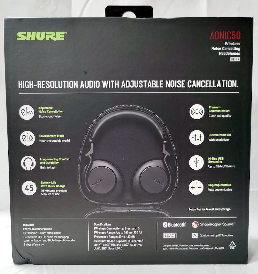 Shure AONIC 50 GEN 2 Wireless Noise Cancelling Headphones Package Back